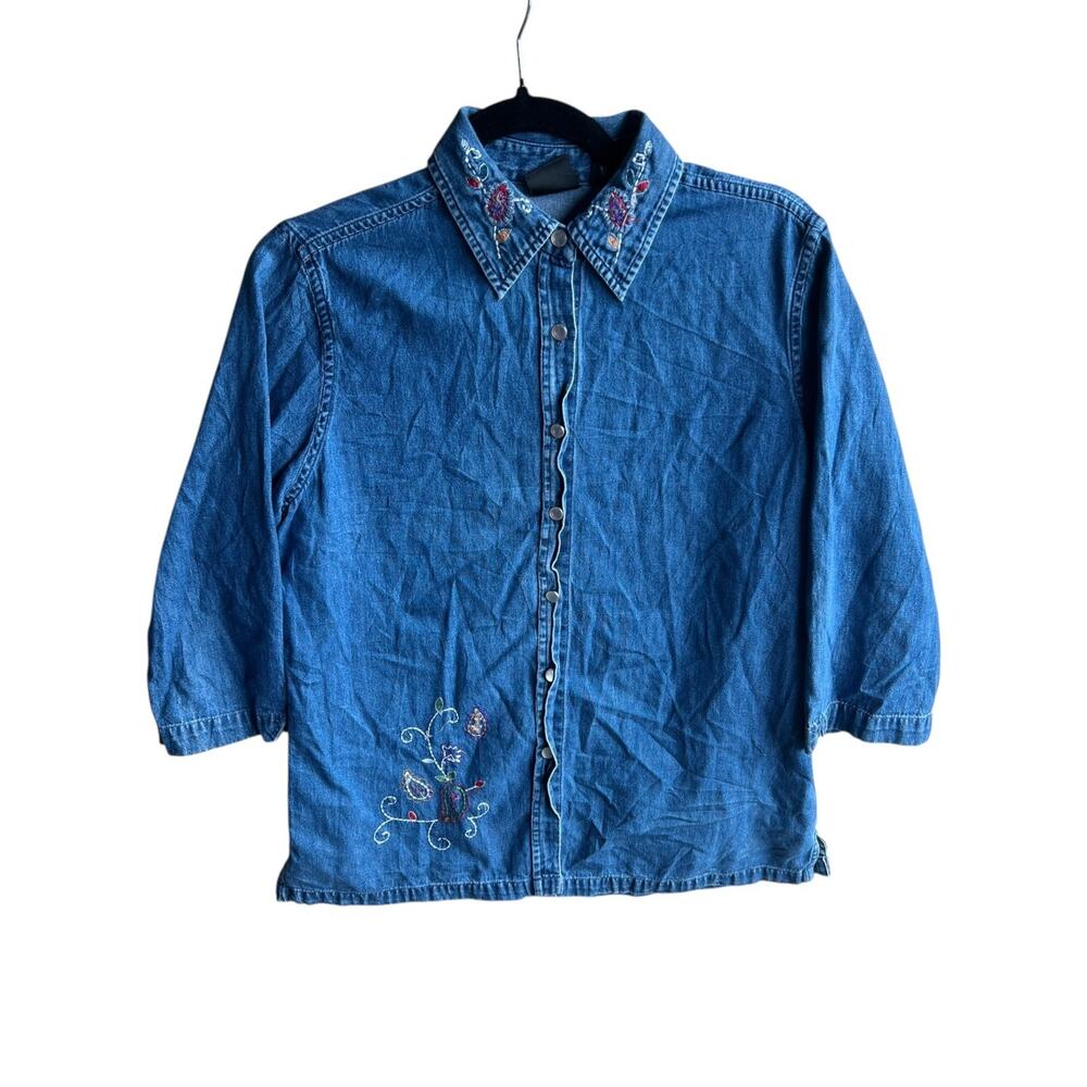 Erika Vintage 90s Women's Floral Embroidered Denim Blouse Blue Size Small
